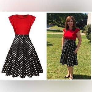 I Hot Rockabilly Pin Up Red Ruffle Flutter Sleeve Black Polka Dot Skirt Dress XL